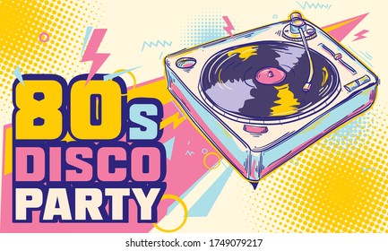 80s disco party - funky colorful turntable musical design