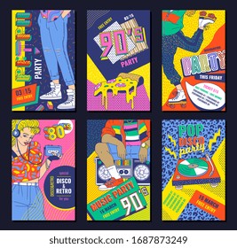 80's Disco Style Poster Set For Retro Party - Colorful Memphis Invitation Flyer Template Collection With People And Objects In Vintage Fashion. Flat Vector Illustration.