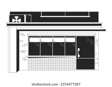 80s exterior shop door flat monochrome isolated vector object. Retro store decor. Boutique facade. Editable black and white line art drawing. Simple outline spot illustration for web graphic design