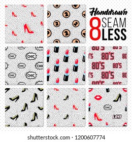 80s fashion sticker seamless pattern set. Decorative patch elements in cartoon comic style on endless background.
