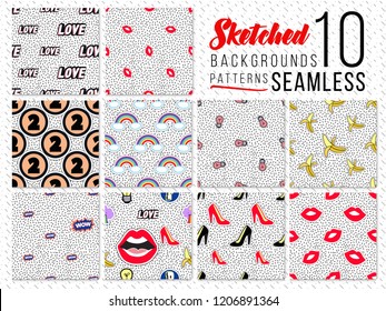 80s fashion sticker seamless pattern set. Decorative patch elements in cartoon comic style on endless background.
