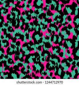 80s Fashion Style seamless leopard print inspired pattern with black and neon pink spots on army green background. Vector illustration animal print style pattern. Camouflage repeat surface pattern.