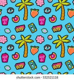 80s Fashion vector seamless pattern with pop art patches, pins, badges and stickers