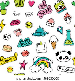 80s Fashion vector seamless pattern with pop art patches, pins, badges and stickers