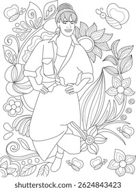 80s Fashion Woman Coloring Page with Flowers and Butterflies, A black and white line art illustration for coloring featuring a woman in retro 80s fashion, surrounded by detailed floral patterns and