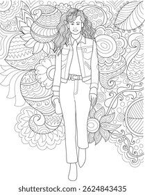 Moda Mulher Ilustração com fundo abstrato, preto e branco ilustração de arte de linha de uma mulher andando, vestido na moda dos anos 1980, incluindo uma jaqueta jeans e calças de cintura alta. O