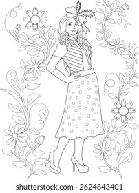 80s Fashion Woman Line Art Illustration with Flowers, Line art illustration of a stylish woman wearing an outfit inspired by 80s fashion, complete with a hat and dress, framed by decorative flowers