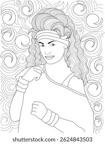 80s Fashion Woman Line Art Illustration, Black and white line art illustration of a woman in 80s fashion, featuring big hair, a headband, off-the-shoulder top, and wristbands, set against an