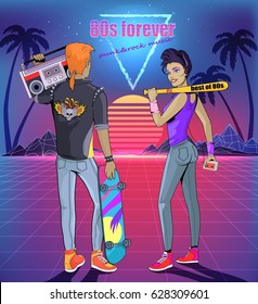 80s Forever Punk And Rock Music Vector Banner. Man In Jacket With Boom Box And Skateboard, Woman In Headphones And With Bat, Starry Sky On Background