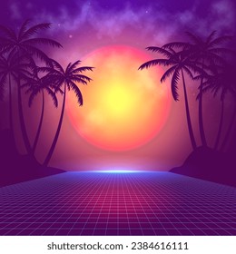 80s futuristic landscape concept. Sunset with palm trees. Vector illustration.