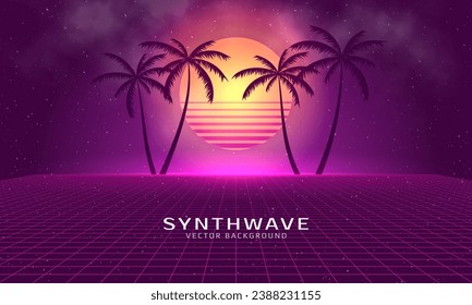 80s futuristic landscape concept. Sunset with palm trees. Vector illustration.