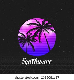 80s futuristic landscape concept. Sunset with palm trees. Vector illustration.