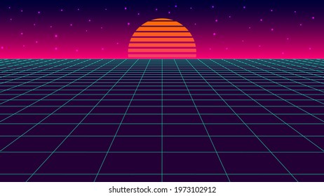 80s futuristic retro landscape. Retrowave, cyberneon. Laser mesh landscape. Suitable for 1980s style designs. 3d rendering