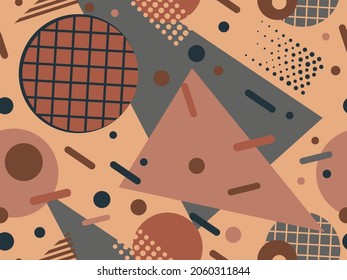 80s geometric seamless pattern in boho color palette. Abstract pastel color background. Design for brochures, banners and promotional materials. Vector illustration
