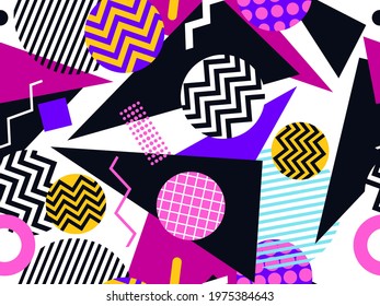 80s geometric seamless pattern. Memphis style elements. Circles with zigzags and geometric shapes. Background for wrapping paper, advertising materials and fabrics. Vector illustration