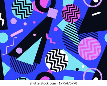 80s geometric seamless pattern. Memphis style elements. Circles with zigzags and geometric shapes. Background for wrapping paper, advertising materials and fabrics. Vector illustration