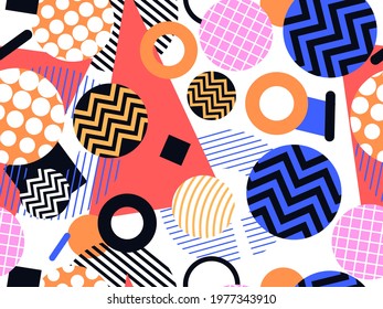 80s geometric seamless pattern. Memphis style elements. Circles with zigzags and geometric shapes. Background for wrapping paper, advertising materials and fabrics. Vector illustration