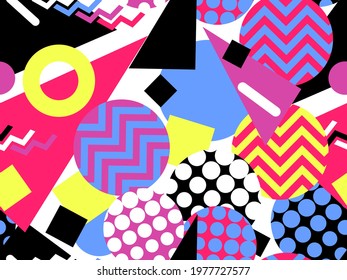 80s geometric seamless pattern. Memphis style elements. Circles with zigzags and geometric shapes. Background for wrapping paper, advertising materials and fabrics. Vector illustration