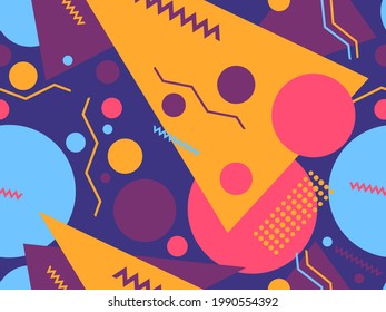80s geometric seamless pattern with memphis elements. Trendy retro background for printing on paper, advertising materials and fabric. Vector illustration