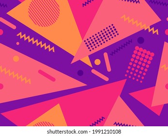 Patrón geométrico sin soldadura de los años 80 con elementos memphis. Fondo retro de moda para imprimir en papel, materiales publicitarios y tela. Ilustración del vector