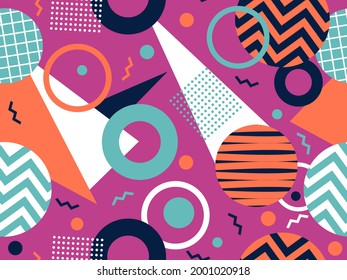 80s geometric seamless pattern with memphis elements. Trendy retro background for printing on paper, advertising materials and fabric. Vector illustration