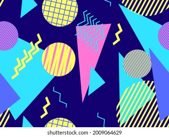 80s geometric seamless pattern with memphis elements. Trendy retro background for printing on paper, advertising materials and fabric. Vector illustration