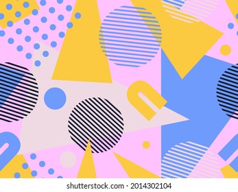 80s geometric seamless pattern with memphis elements. Trendy retro background for printing on paper, advertising materials and fabric. Vector illustration