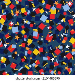 80s geometric seamless pattern. Memphis style elements. Circles with zigzags and geometric shapes. Background for wrapping paper, advertising materials and fabrics. Vector illustration