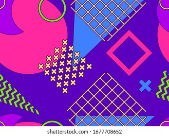 80s geometric shapes memphis style seamless pattern. Eighties print colorful background for promotional products, wrapping paper and printing. Vector illustration