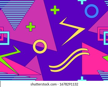 80s geometric shapes memphis style seamless pattern. Eighties print colorful background for promotional products, wrapping paper and printing. Vector illustration