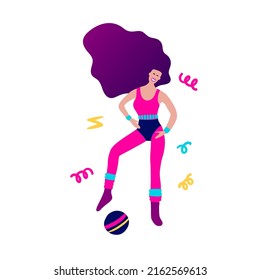 80s Girl Doing Aerobic Exercise, Woman Vector Cartoon Party Character. 