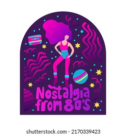 80s girl nostalgia poster. Prank woman retro vector illustration. Cartoon flat party print