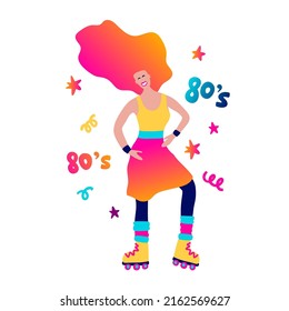 80s girl with rollerskates vector cartoon party character. Vector woman illustration