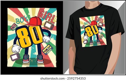 80's Girl T Shirt Design, 80's Theme Party Costume Vector, 1980s Fashion, Retro Cassette Tape T-Shirt, Vintage 80s Vector Illustration, 80's Girl Retro Vibes Nostalgic Illustration.