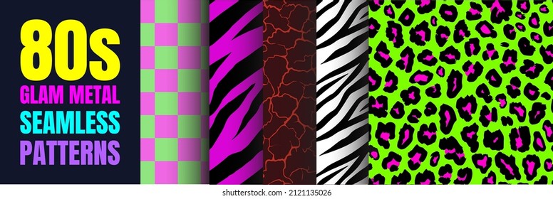 80's Glam Rock Metal Collection of seamless patterns | Set of abstract vivid vector graphics in retro vintage style for apparel and textiles. Zebra, tiger, leopard, chess, soil earth