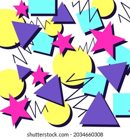 An 80's inspired pattern using neon colors and geometric shapes. Smoothly repeats and has a transparent background for use at any shape and scale.