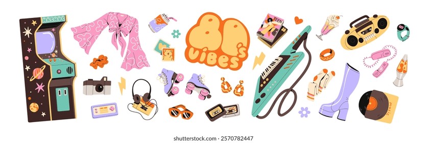 80s items set. Accessories of 1980s. Retro fashion, style of 1980. Cassettes, roller skates, game machine, vinyl, magazines. Eighties nostalgia. Flat isolated vector illustrations on white background