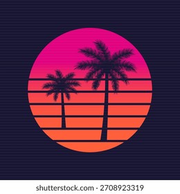 logotipo dos anos 80. Pôr do sol retrô praia com silhuetas palma e neon gradiente sol círculo. A vibração tropical dos anos 80. Ilustração vetorial 