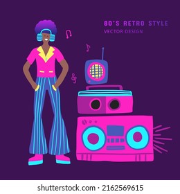 Niño de los 80 con personaje de la fiesta de caricatura vectorial de un jugador de discos. Ilustración del vector