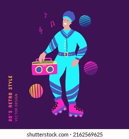 80s man boy with a record player vector cartoon party character. Vector illustration