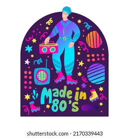 80s man poster. Prank boy music retro vector illustration. Made in the 80s