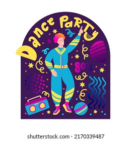 80s man poster. Prank dancing boy retro vector illustration. Cartoon flat party print