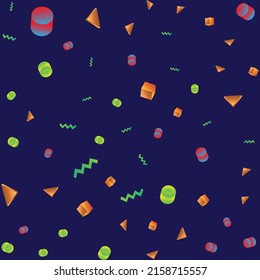 80s Memphis Style Pattern with Colourful 3D Shapes with dark blue background
