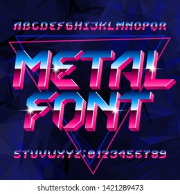 80s Metal alphabet font. Letters, numbers and symbols on abstract background. Stock vector typescript font for your design in retro 80s style.