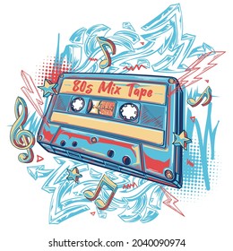 80s mix tape - colorful musical audio cassette design