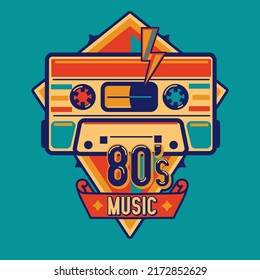 80s music - colorful emblem music design with audio cassette