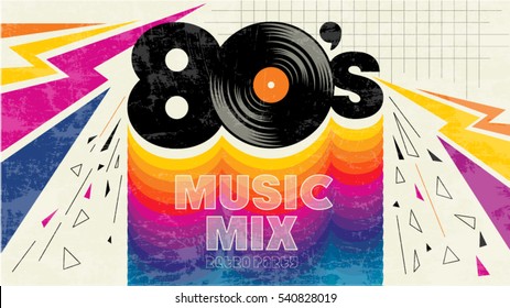 80's music mix. Retro style 80s disco design neon. 80's party, 80 s fashion, 80s background, 80s graphic, 80s style, light disco party 1980, club vintage, dance night. Easy editable for Your design.
