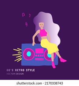 80s music retro party clipart girl with record player. Cartoon character human vector card.
