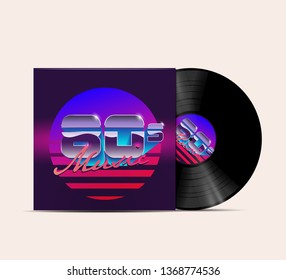 80's Music Vinyl Disc Cover Mockup. Cover for your music playlist or album. Realistic vector illustration.