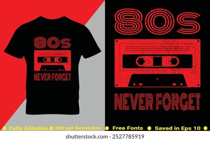 Los años 80 nunca olvidan la vieja escuela Retro Antiguas Cassette Mixtape Camiseta Diseño ropa de moda Vector de estilo de los años 80 y 90 en EPS 10